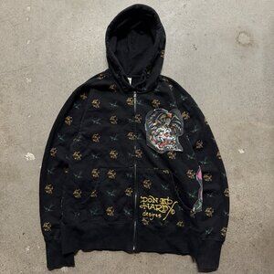 Vintage Ed Hardy Jacket Adult S Bird Logo Rhinestone Grunge All Over Print Snake